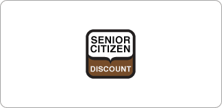 A brown and white logo for senior citizen discount.